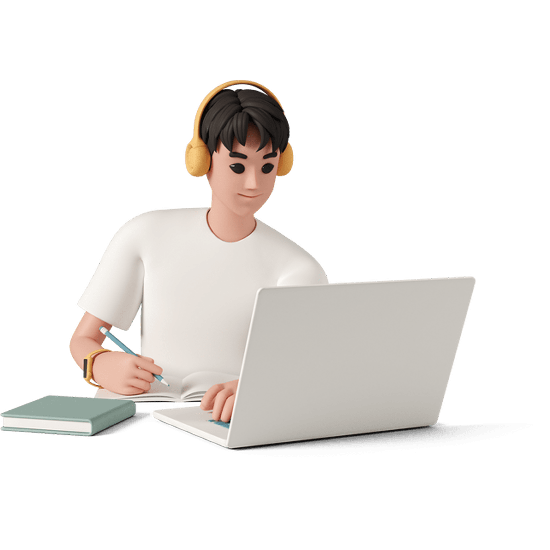 3D illustration of a person taking notes beside a laptop